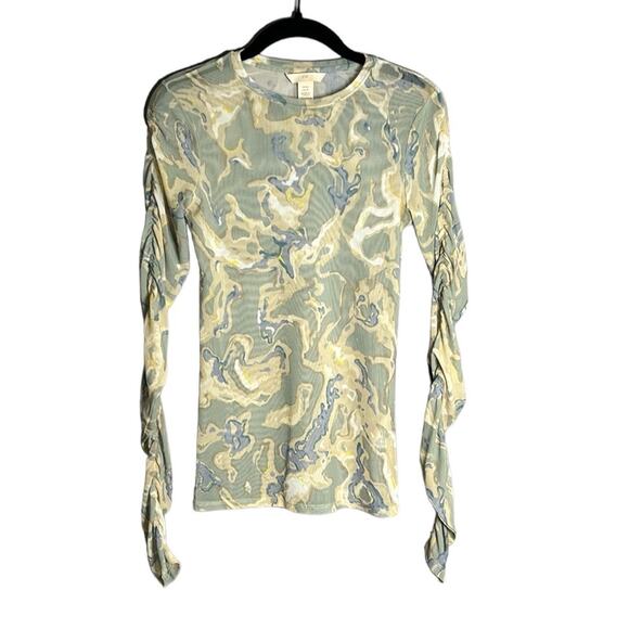 H&M Green and Blue Swirl Print Sheer Long Sleeve Top Size XS - Picture 1 of 7